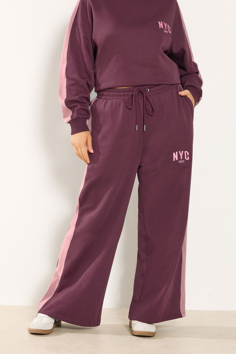 Yours Curve Burgundy Red 'NYC' Side Stripe Wide Leg Joggers
