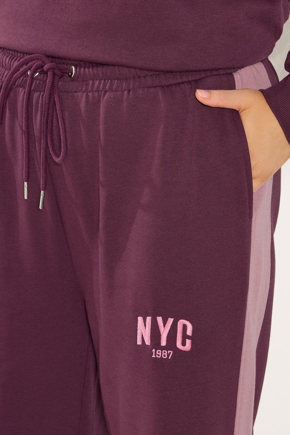 Yours Curve Burgundy Red 'NYC' Side Stripe Wide Leg Joggers