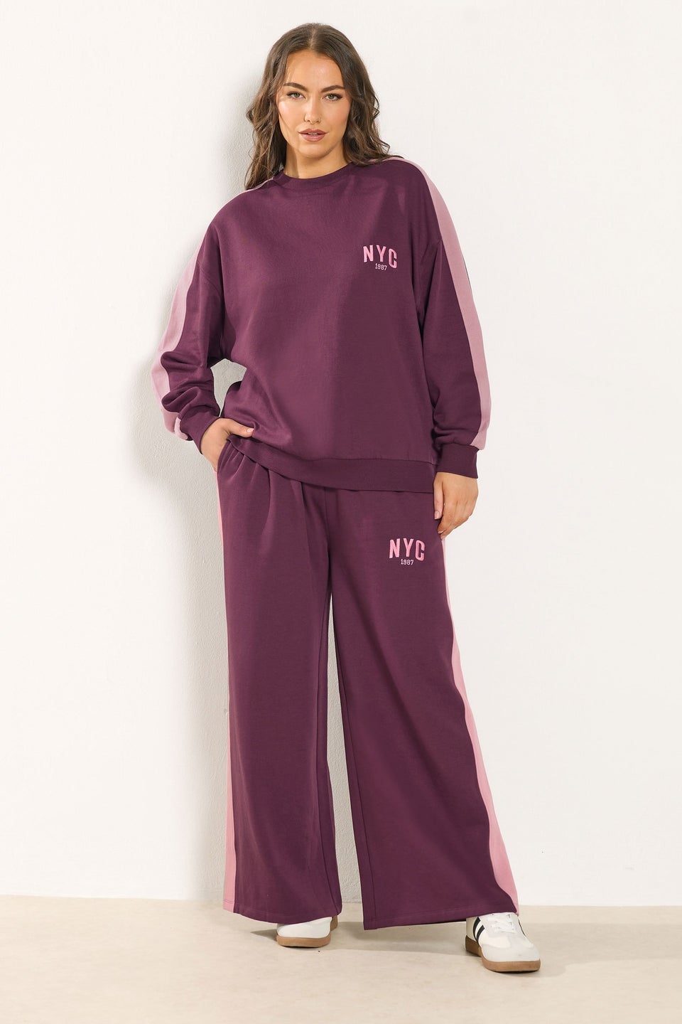 Yours Curve Burgundy Red 'NYC' Side Stripe Wide Leg Joggers