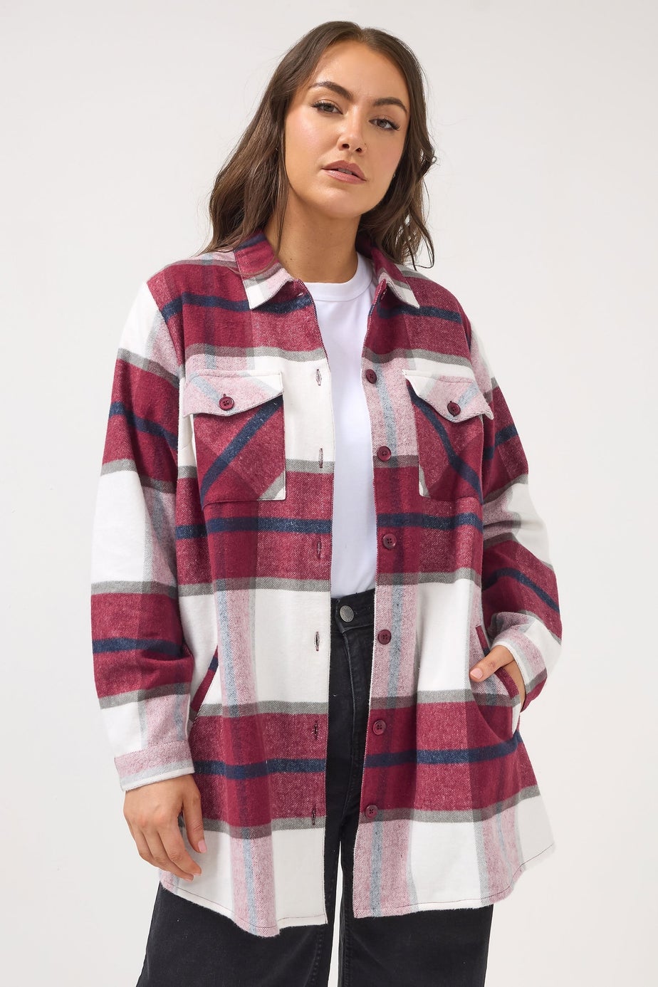 Yours Curve Red & White Check Shacket