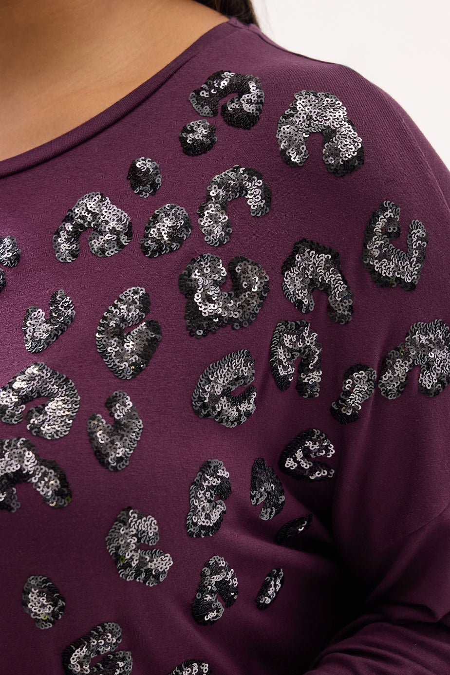 Yours Curve Purple Leopard Sequin Long Sleeve Top