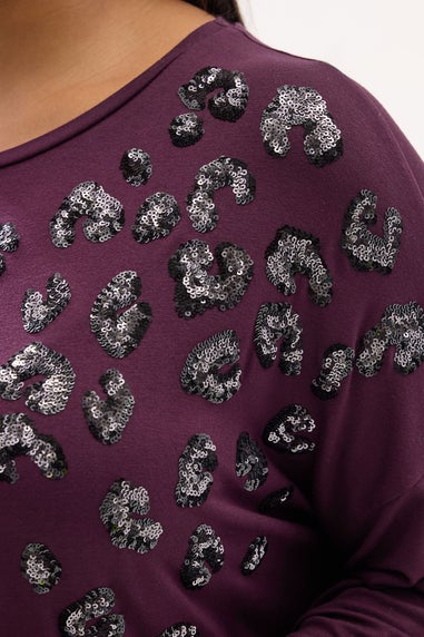 Yours Curve Purple Leopard Sequin Long Sleeve Top