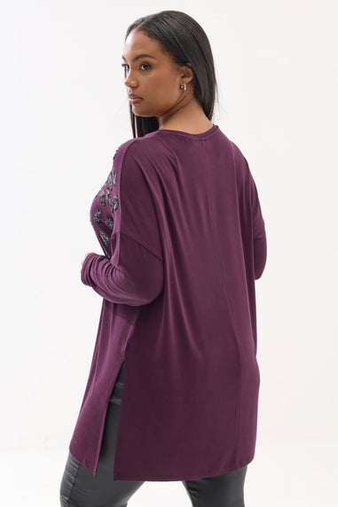 Yours Curve Purple Leopard Sequin Long Sleeve Top