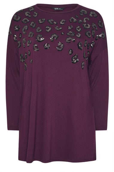 Yours Curve Purple Leopard Sequin Long Sleeve Top