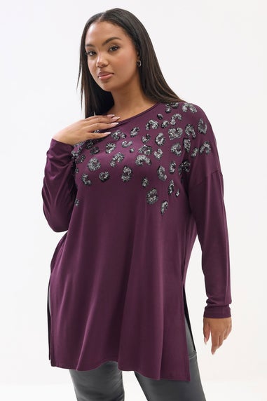 Yours Curve Purple Leopard Sequin Long Sleeve Top