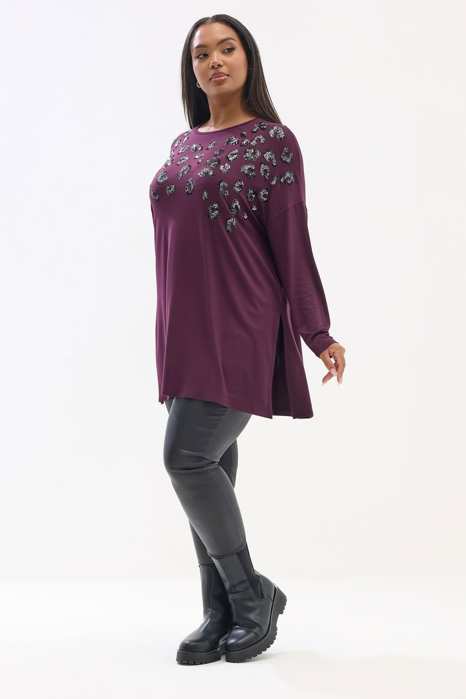 Yours Curve Purple Leopard Sequin Long Sleeve Top