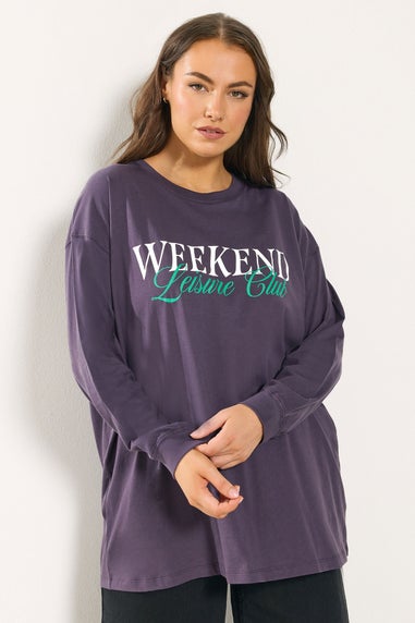 Yours Curve Purple 'Weekend Leisure Club' Long Sleeve T-Shirt