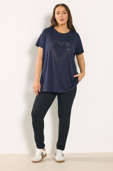 Yours Curve Navy Blue Studded Heart T-Shirt