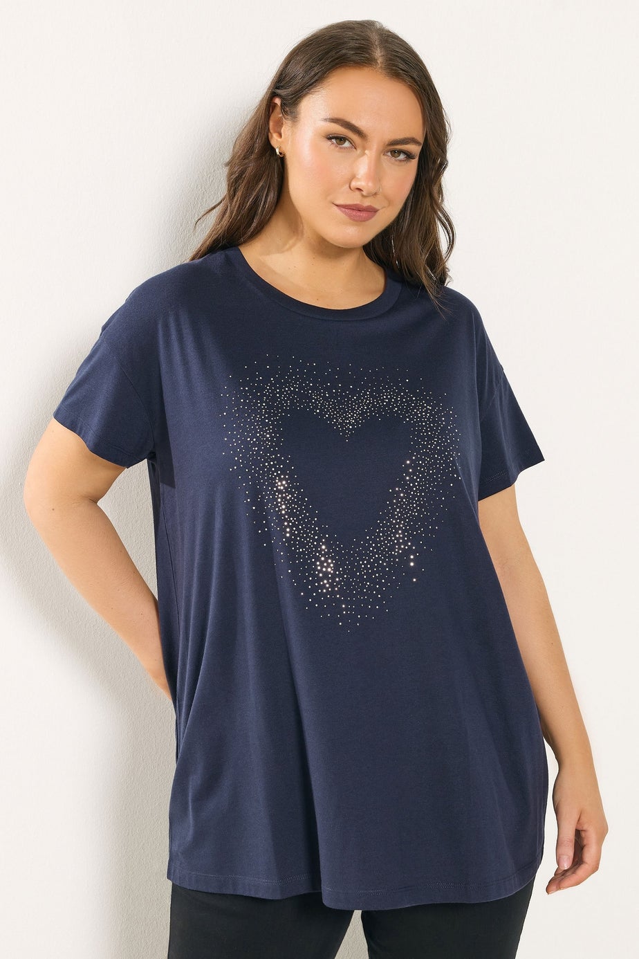 Yours Curve Navy Blue Studded Heart T-Shirt