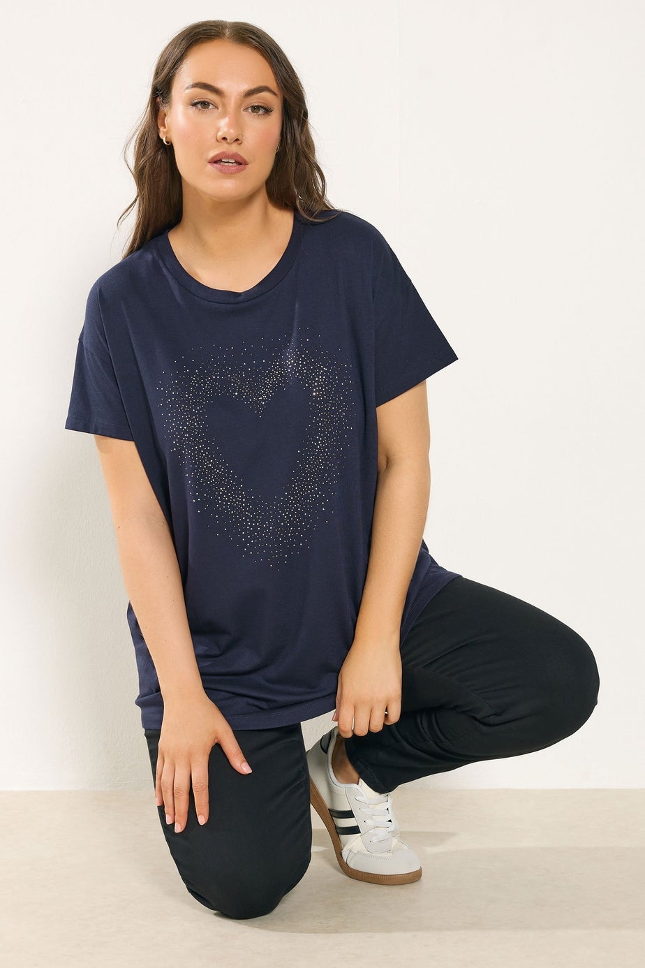 Yours Curve Navy Blue Studded Heart T-Shirt