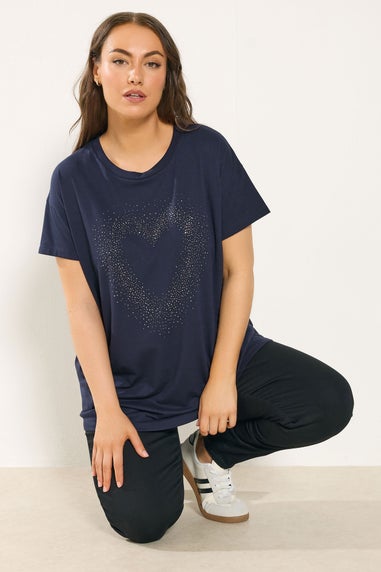 Yours Curve Navy Blue Studded Heart T-Shirt