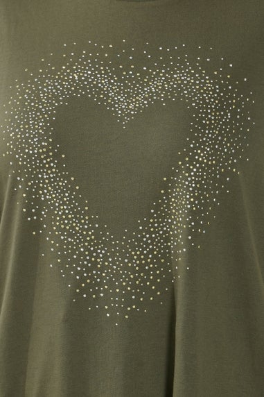 Yours Curve Khaki Green Studded Heart T-Shirt