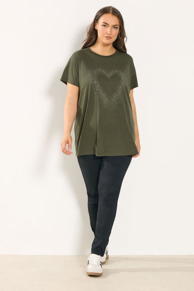 Yours Curve Khaki Green Studded Heart T-Shirt