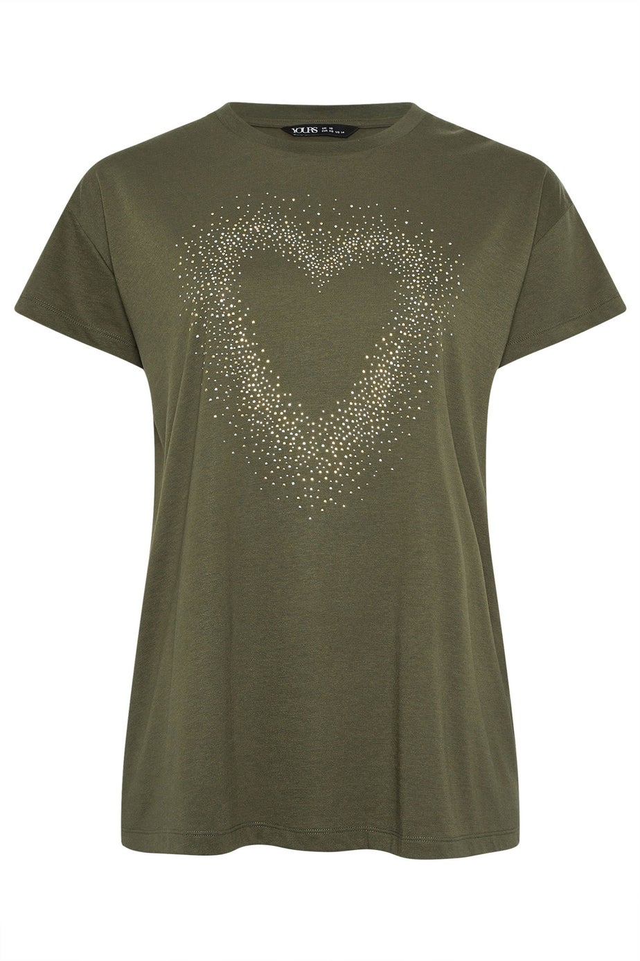Yours Curve Khaki Green Studded Heart T-Shirt