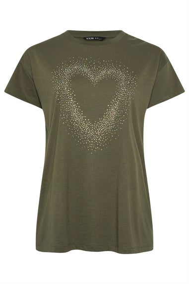 Yours Curve Khaki Green Studded Heart T-Shirt
