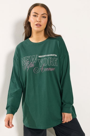 Yours Curve Green 'New York Fifth Avenue' Long Sleeve T-Shirt