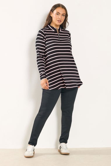 Yours Curve Black & Pink Stripe Zip Neck Top