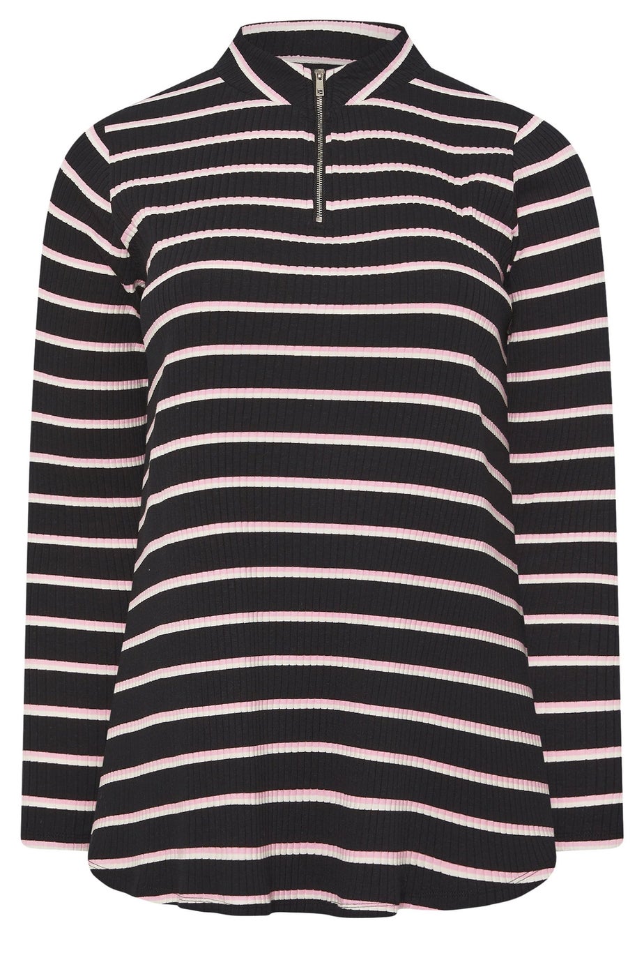 Yours Curve Black & Pink Stripe Zip Neck Top