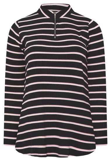 Yours Curve Black & Pink Stripe Zip Neck Top