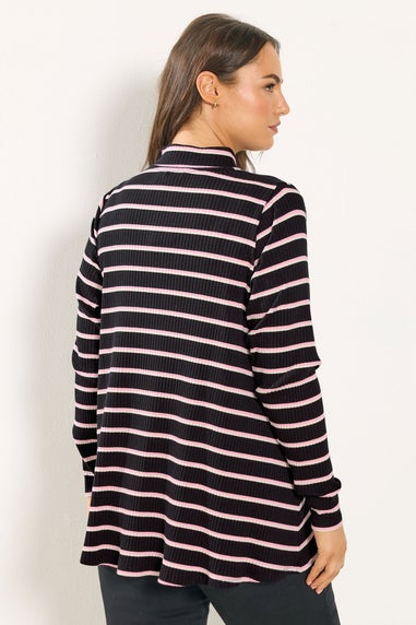 Yours Curve Black & Pink Stripe Zip Neck Top