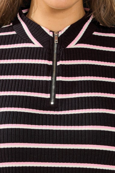Yours Curve Black & Pink Stripe Zip Neck Top