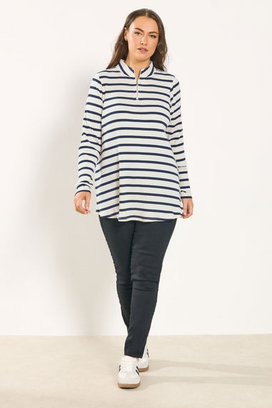 Yours Curve Ivory White Stripe Zip Neck Top