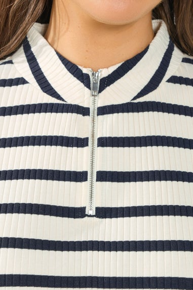 Yours Curve Ivory White Stripe Zip Neck Top