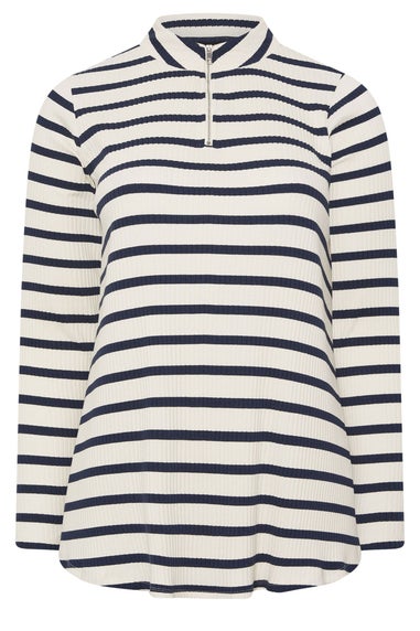 Yours Curve Ivory White Stripe Zip Neck Top