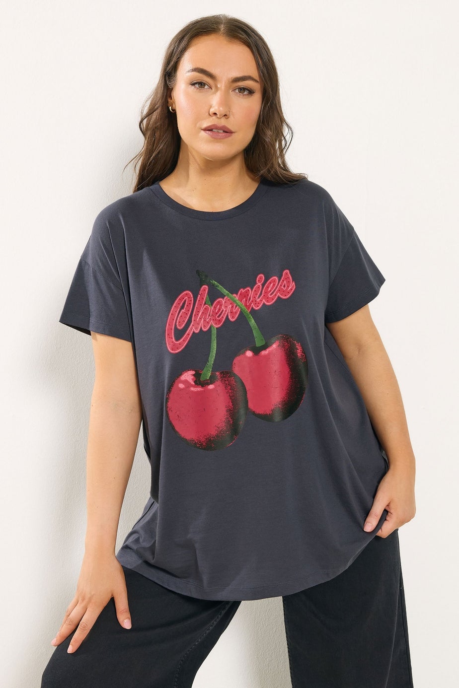 Yours Curve Grey 'Cherries' Slogan T-Shirt