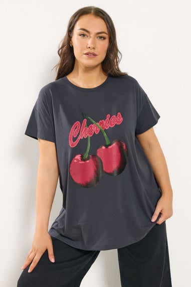 Yours Curve Grey 'Cherries' Slogan T-Shirt