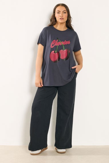 Yours Curve Grey 'Cherries' Slogan T-Shirt