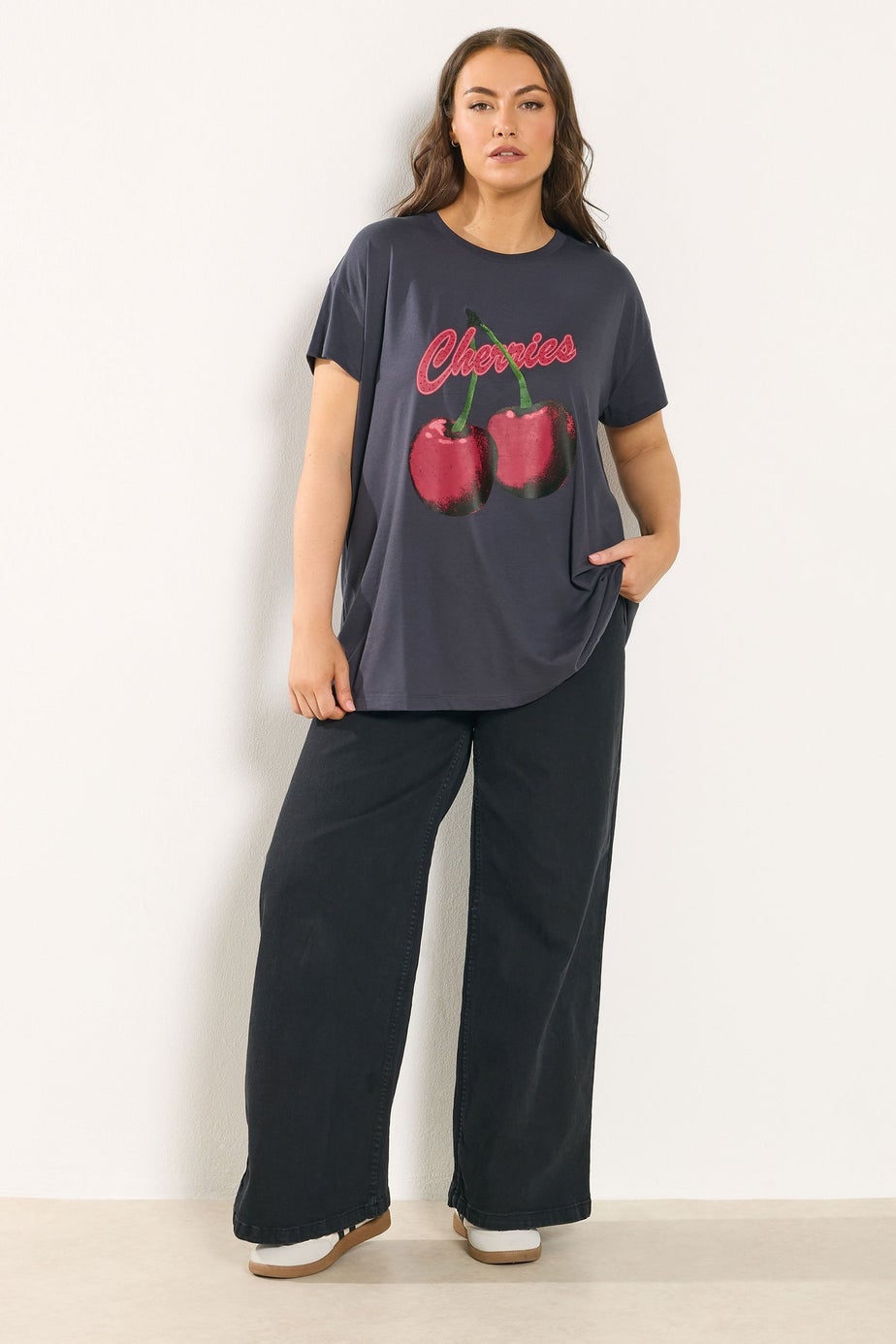 Yours Curve Grey 'Cherries' Slogan T-Shirt