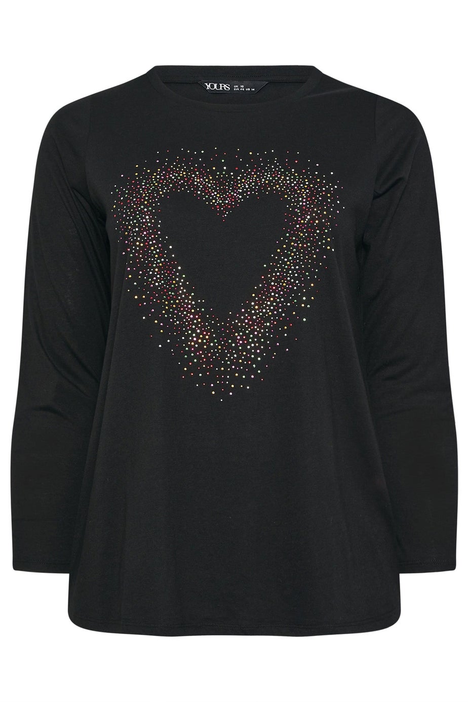 Yours Curve Black Studded Heart Long Sleeve T-Shirt
