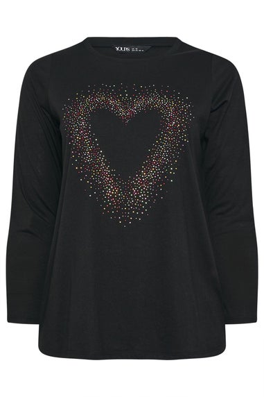 Yours Curve Black Studded Heart Long Sleeve T-Shirt