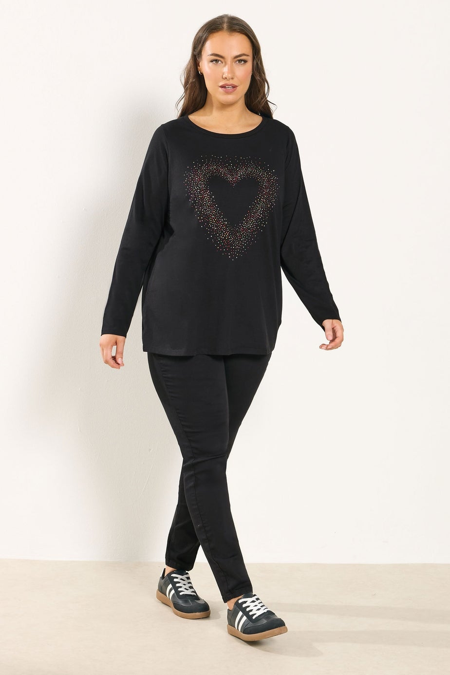 Yours Curve Black Studded Heart Long Sleeve T-Shirt