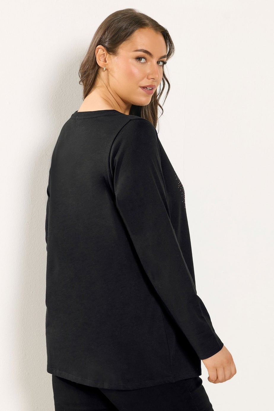 Yours Curve Black Studded Heart Long Sleeve T-Shirt