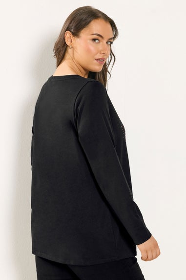 Yours Curve Black Studded Heart Long Sleeve T-Shirt