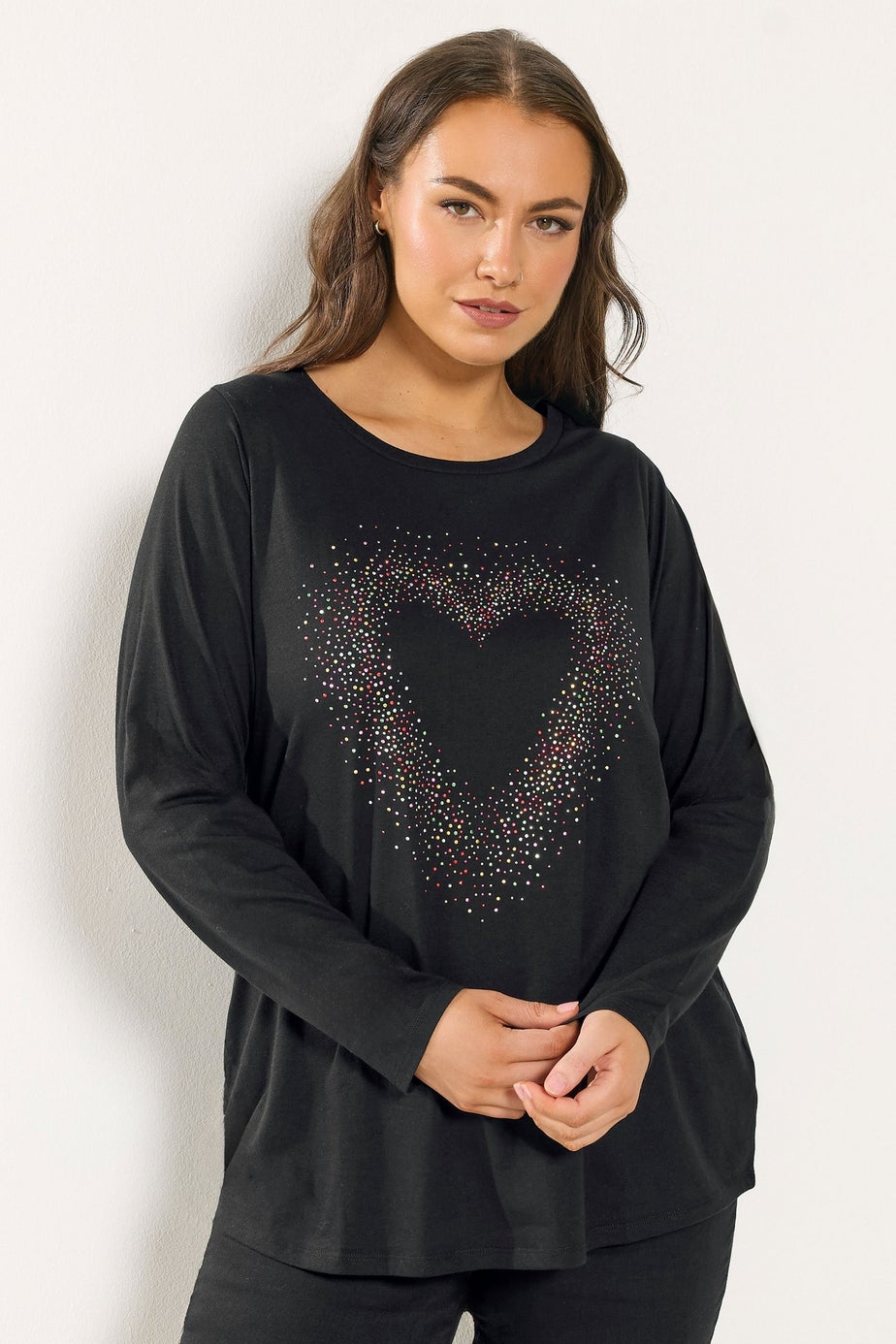 Yours Curve Black Studded Heart Long Sleeve T-Shirt