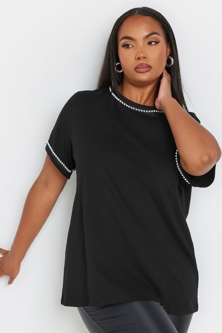 Yours Curve Black Pearl Trim T-Shirt