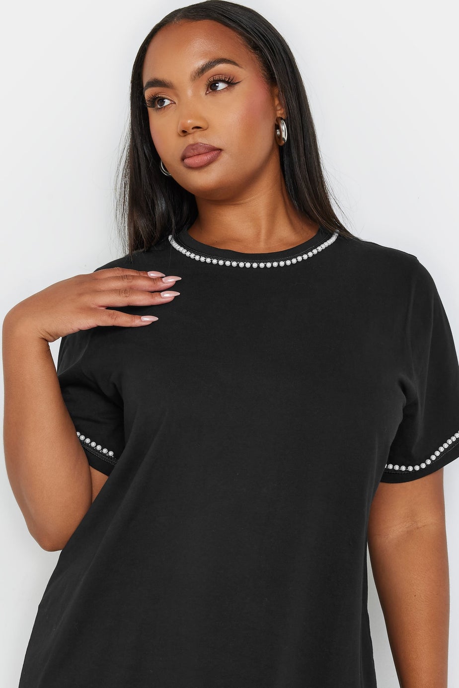 Yours Curve Black Pearl Trim T-Shirt