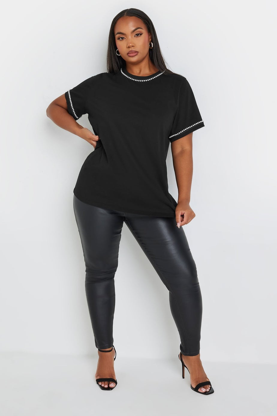 Yours Curve Black Pearl Trim T-Shirt