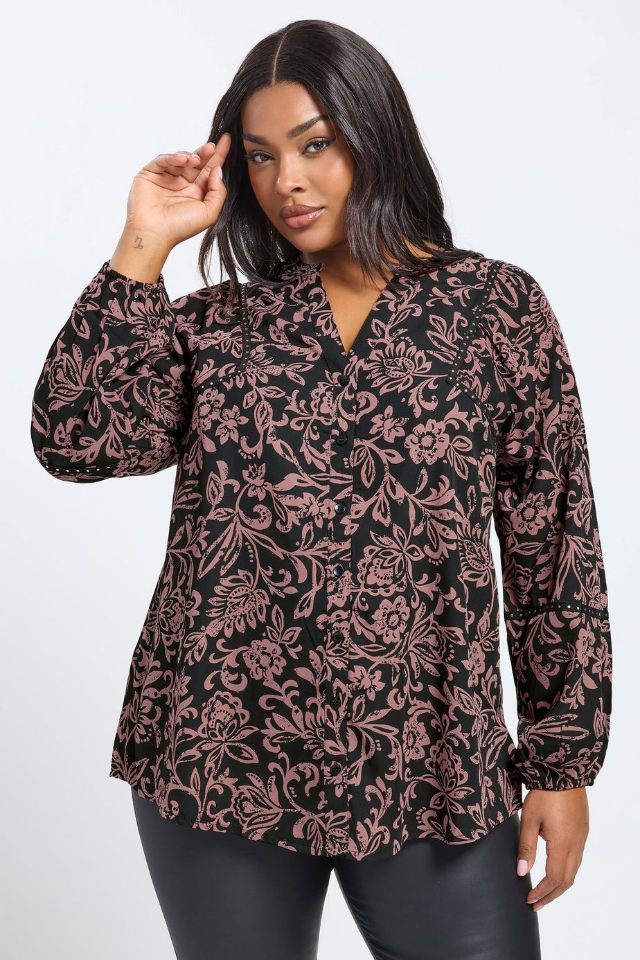 Yours Curve Brown Floral Print Studded Overhead Blouse
