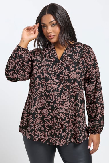 Yours Curve Brown Floral Print Studded Overhead Blouse