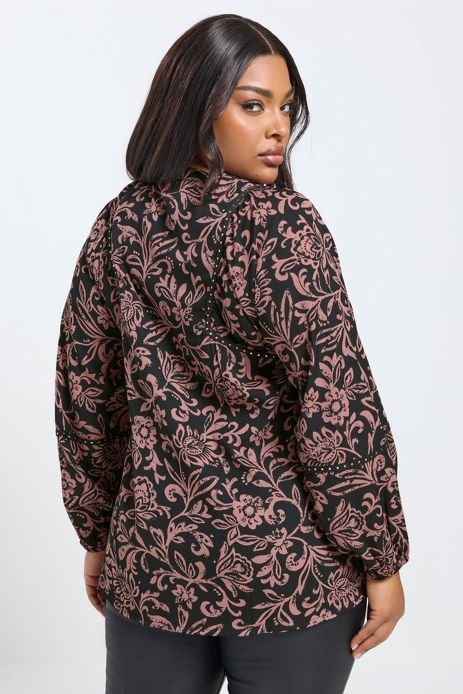 Yours Curve Brown Floral Print Studded Overhead Blouse