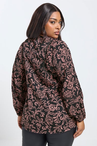 Yours Curve Brown Floral Print Studded Overhead Blouse