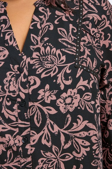 Yours Curve Brown Floral Print Studded Overhead Blouse
