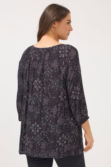 Yours Curve Black Paisley Tie Neck Top