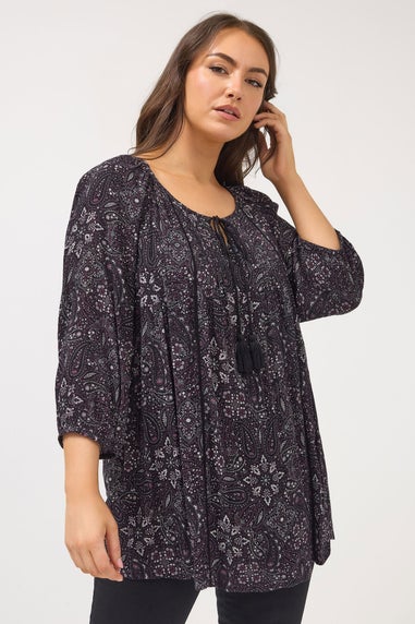 Yours Curve Black Paisley Tie Neck Top