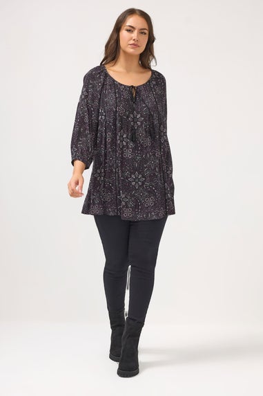 Yours Curve Black Paisley Tie Neck Top