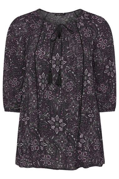 Yours Curve Black Paisley Tie Neck Top